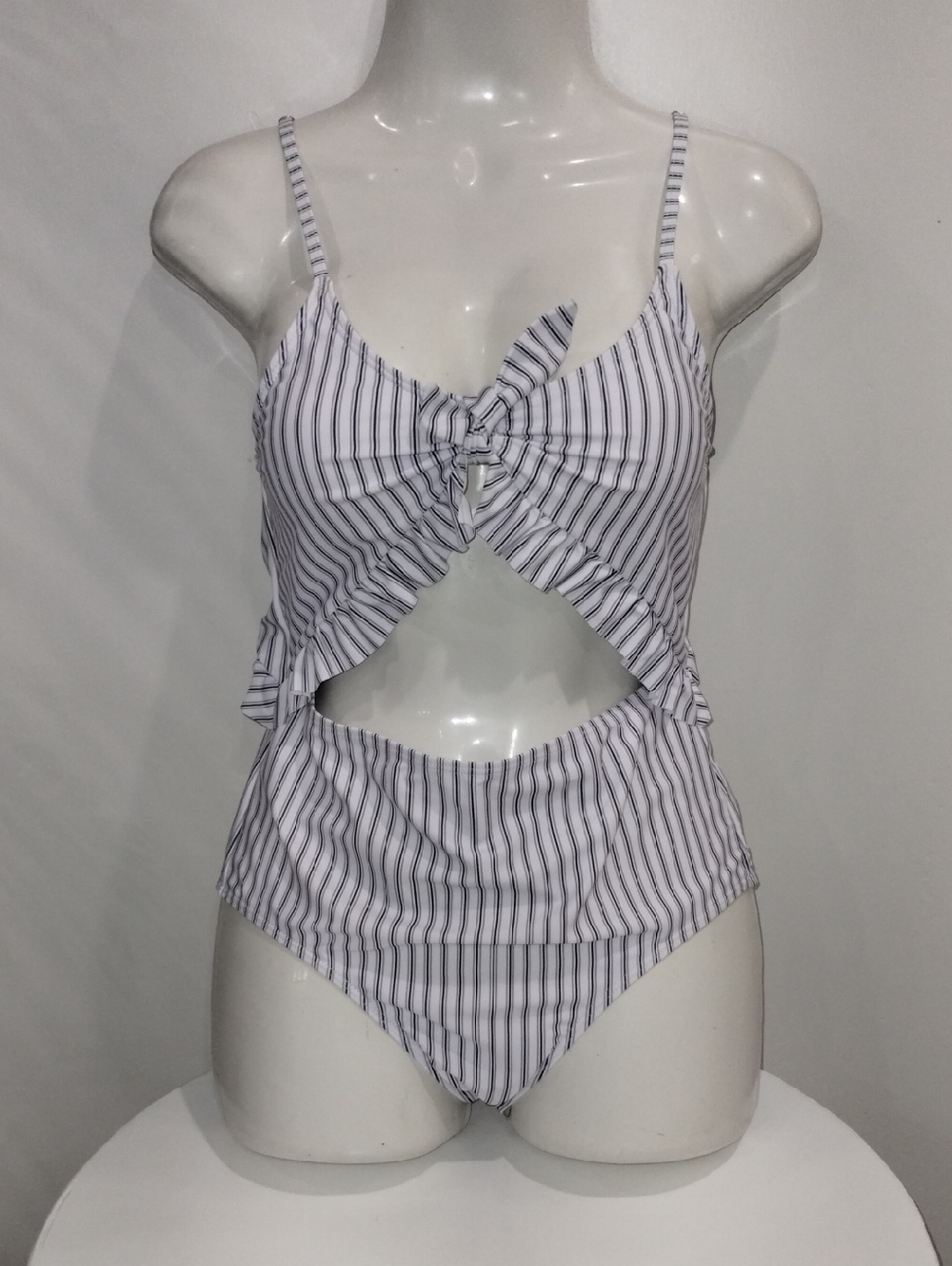 Striped Tie-Front Cutout One-Piece Swimsuit - White with Navy Stripes
